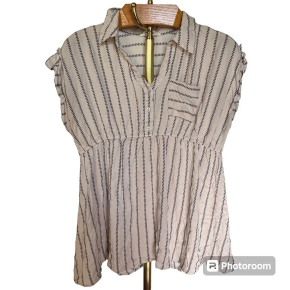 SWEET WANDERER ~ Cream Striped Maternity Half Button Lightweight Too - Picture 1 of 9